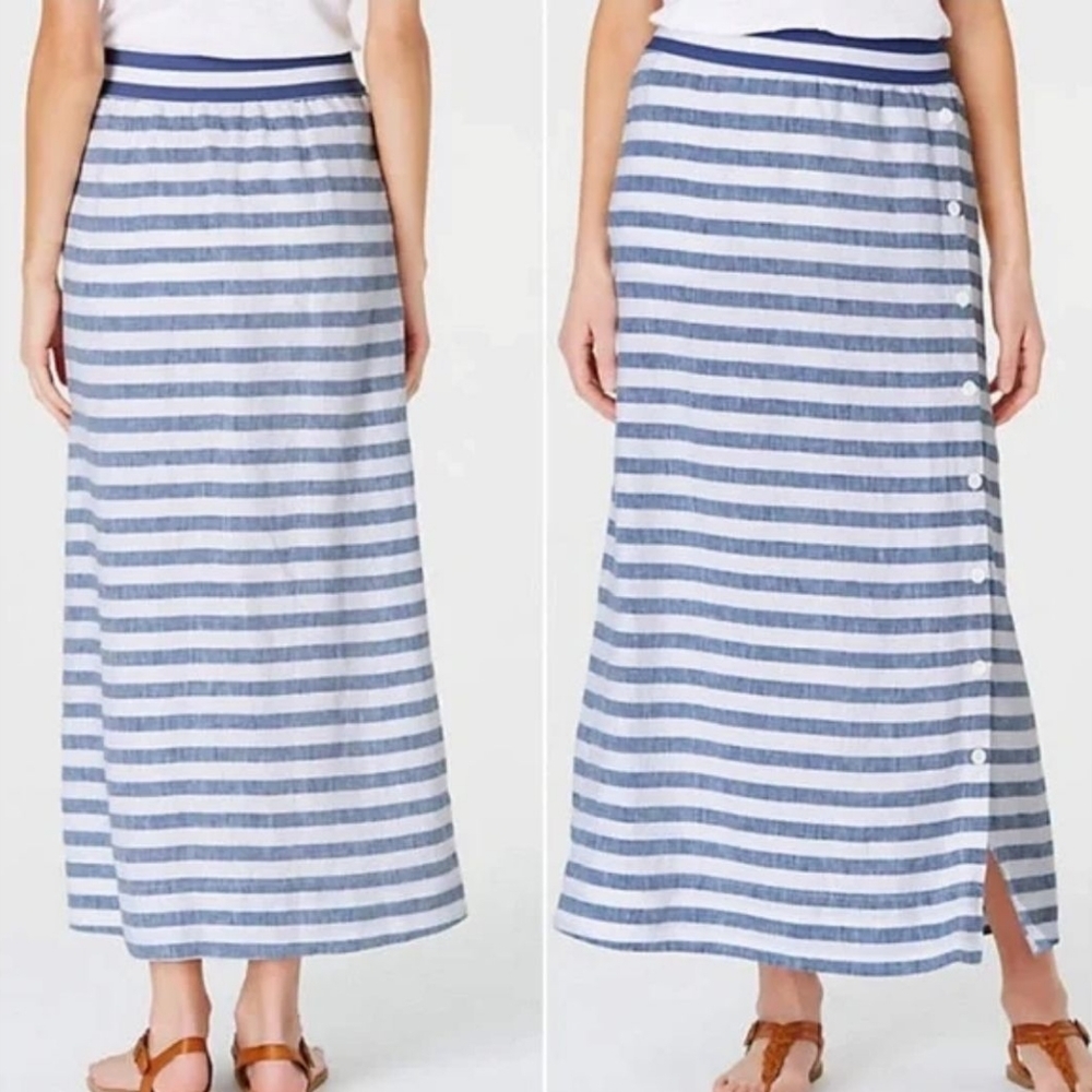 J.Jill Love Linen Blue /White Stripe Button Down Maxi Skirt Women’s XS